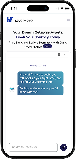 TravelGuru AI chatbot helps users plan, book, and explore trips with personalized suggestions and instant travel support.